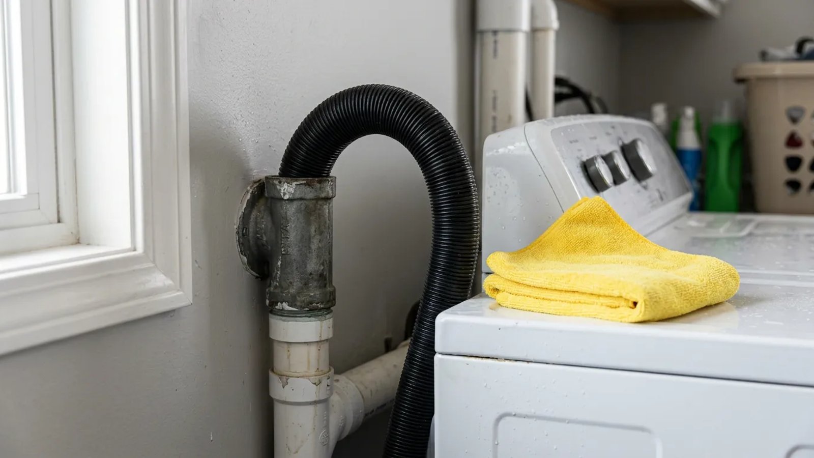 Close-up of a washing machine discharge hose inserted into a laundry room wall standpipe