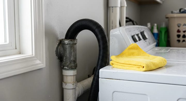 Close-up of a washing machine discharge hose inserted into a laundry room wall standpipe