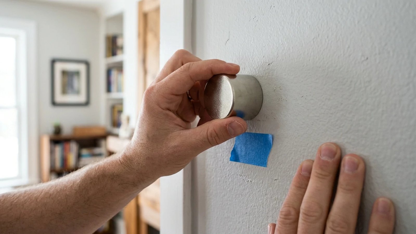 Using a rare-earth magnet and blue painter's tape to locate a hidden wall stud.