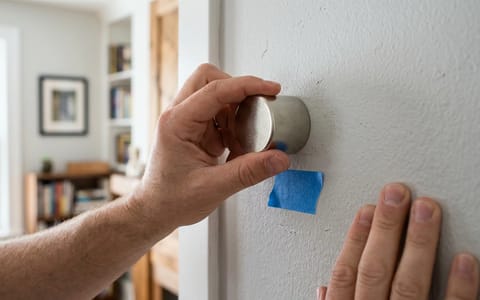 Using a rare-earth magnet and blue painter's tape to locate a hidden wall stud.