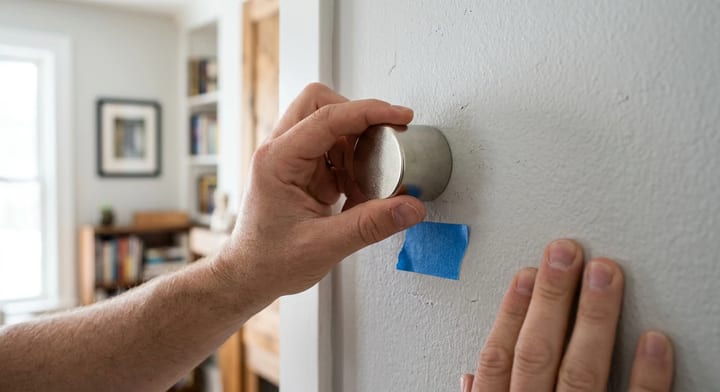 Using a rare-earth magnet and blue painter's tape to locate a hidden wall stud.