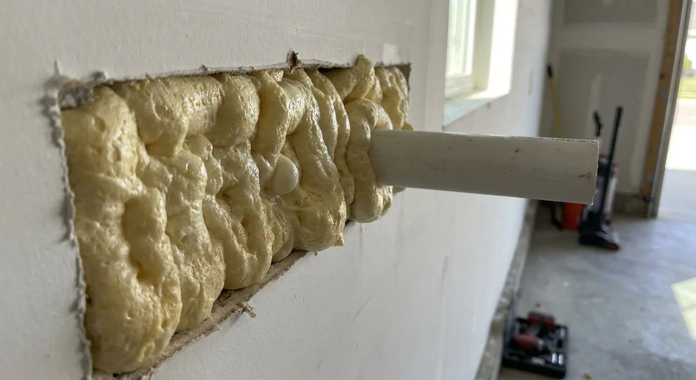 Expanding foam sealing a pipe penetration in a garage wall.