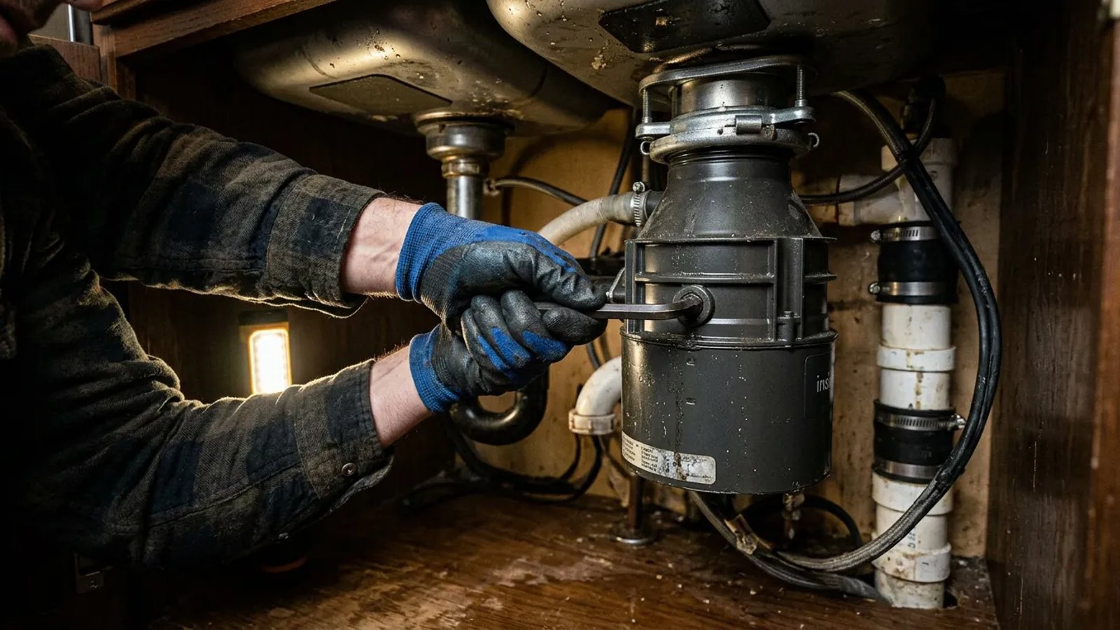 Hand trying to turn an Allen wrench in the bottom of a garbage disposal