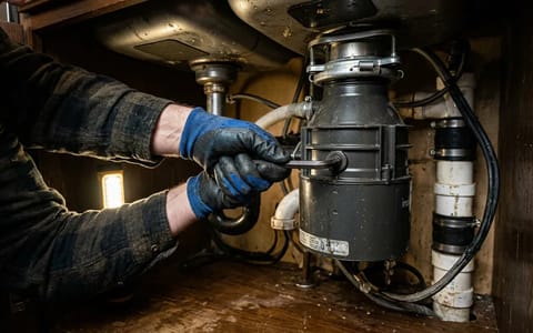Hand trying to turn an Allen wrench in the bottom of a garbage disposal