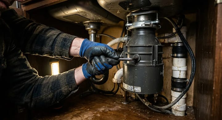 Hand trying to turn an Allen wrench in the bottom of a garbage disposal