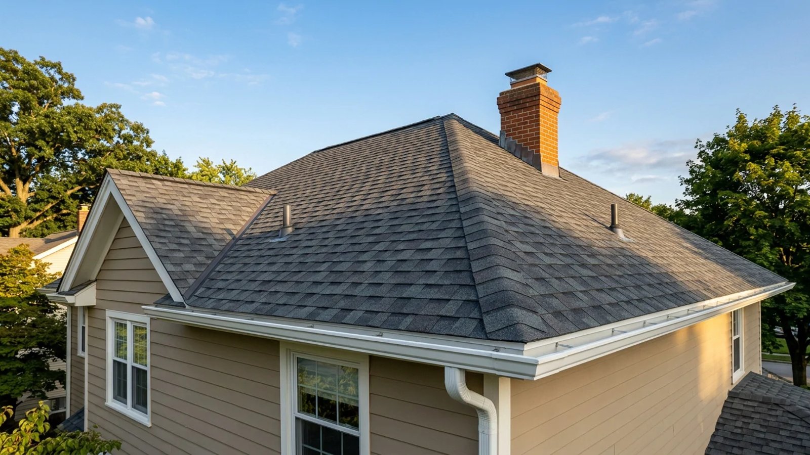 Well-maintained architectural asphalt shingles on a suburban home.
