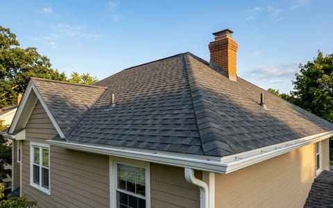 Well-maintained architectural asphalt shingles on a suburban home.