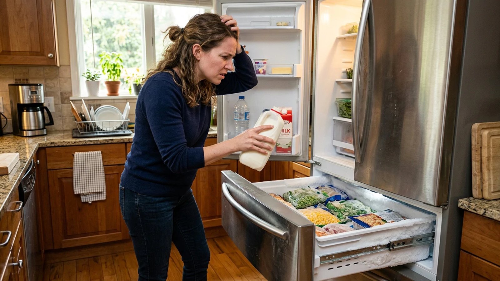 Homeowner checking a warm refrigerator while the freezer remains cold