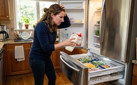 Homeowner checking a warm refrigerator while the freezer remains cold