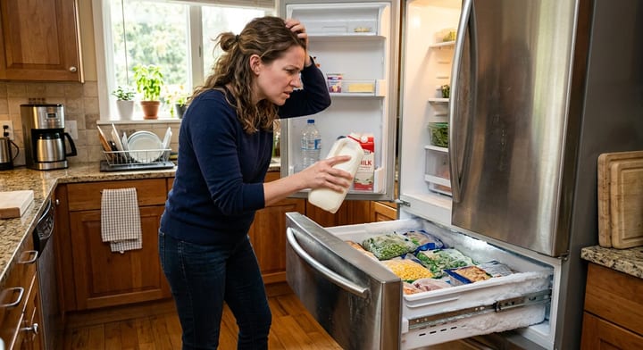 Homeowner checking a warm refrigerator while the freezer remains cold