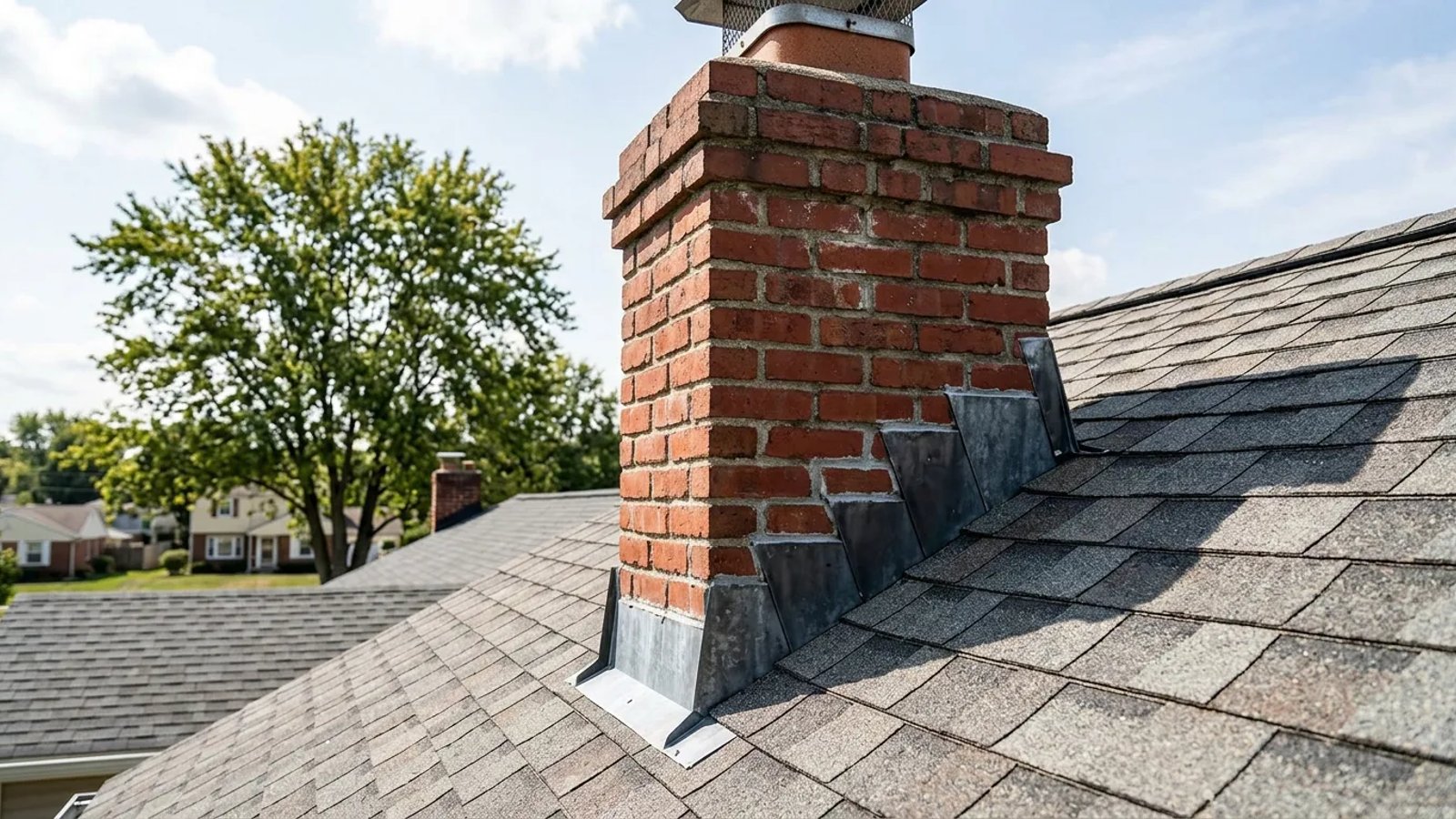A brick chimney intersecting with a shingle roof, showing the metal flashing at the base