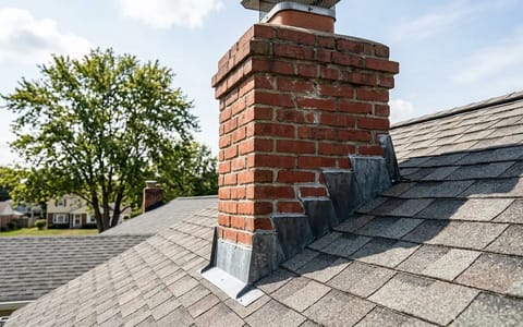 A brick chimney intersecting with a shingle roof, showing the metal flashing at the base