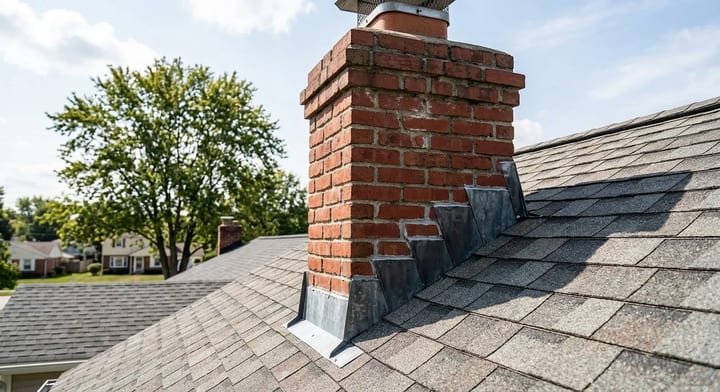 A brick chimney intersecting with a shingle roof, showing the metal flashing at the base