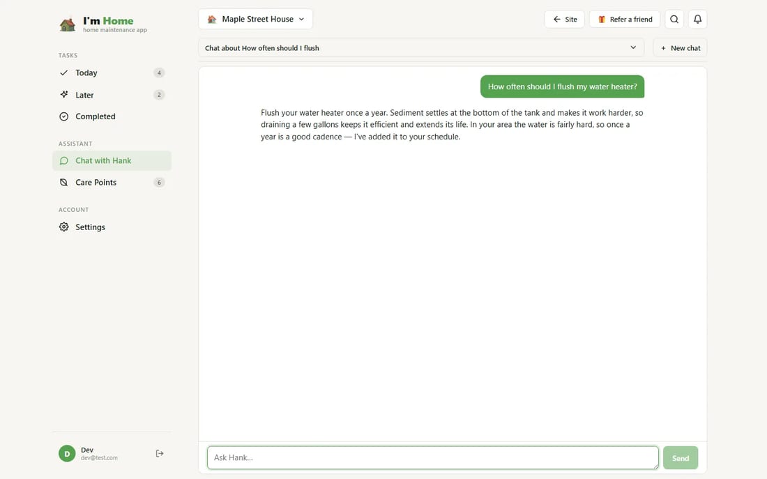 Chatting with Hank, the I am Home AI assistant, in a web browser