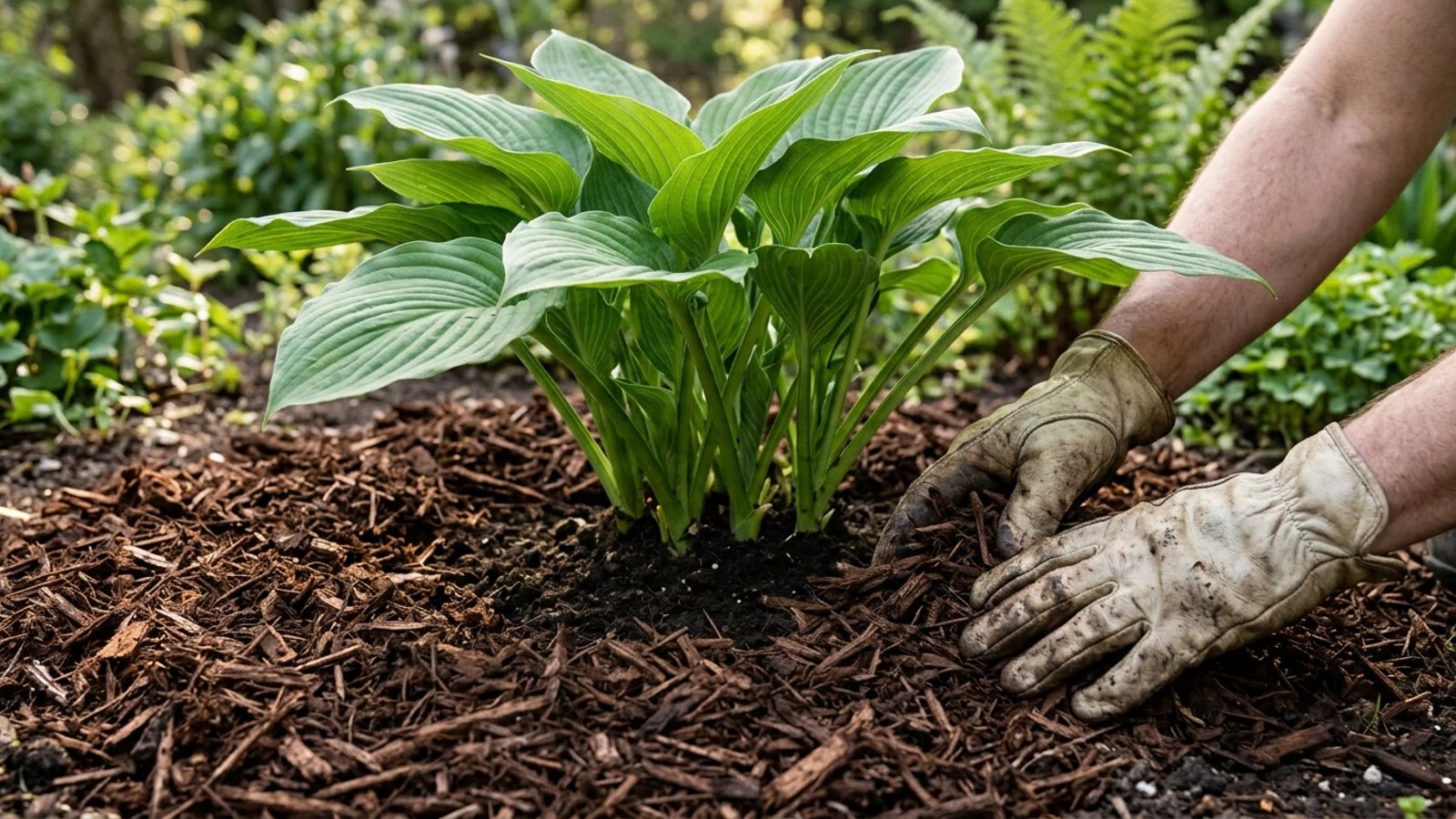 Gloved hands spreading dark brown mulch evenly around a green plant in a garden bed.
