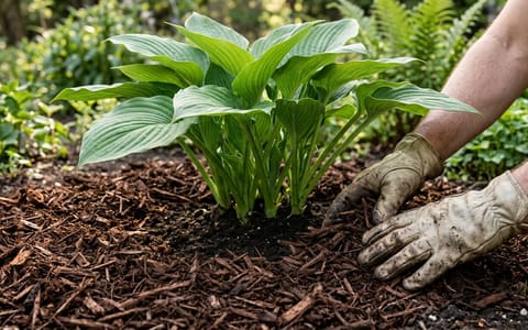 Gloved hands spreading dark brown mulch evenly around a green plant in a garden bed.
