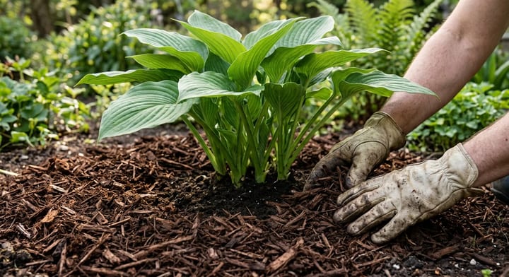 Gloved hands spreading dark brown mulch evenly around a green plant in a garden bed.