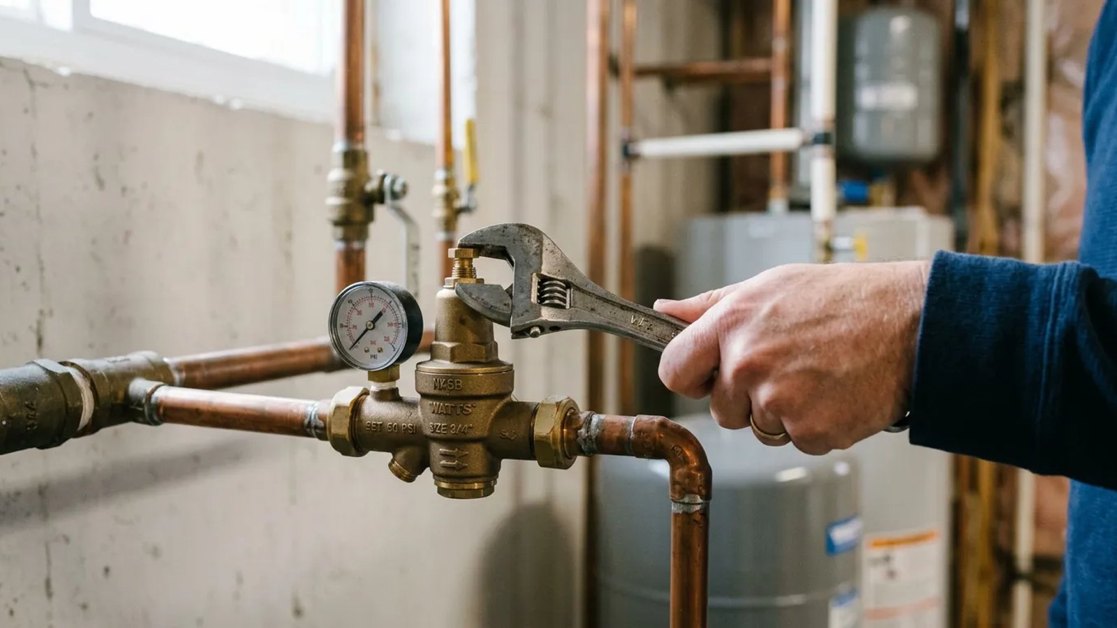 Adjusting a home water pressure reducing valve with a wrench