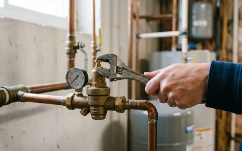 Adjusting a home water pressure reducing valve with a wrench