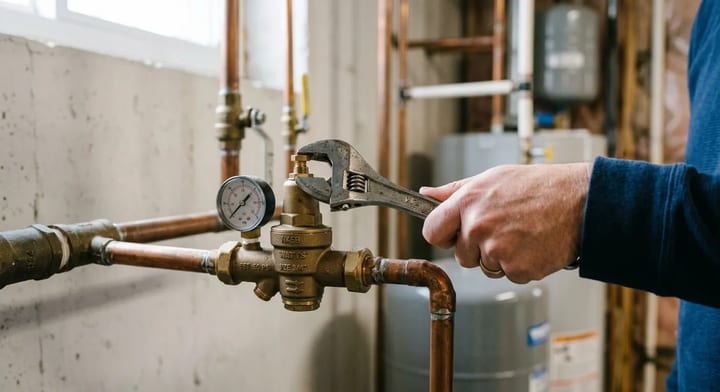 Adjusting a home water pressure reducing valve with a wrench