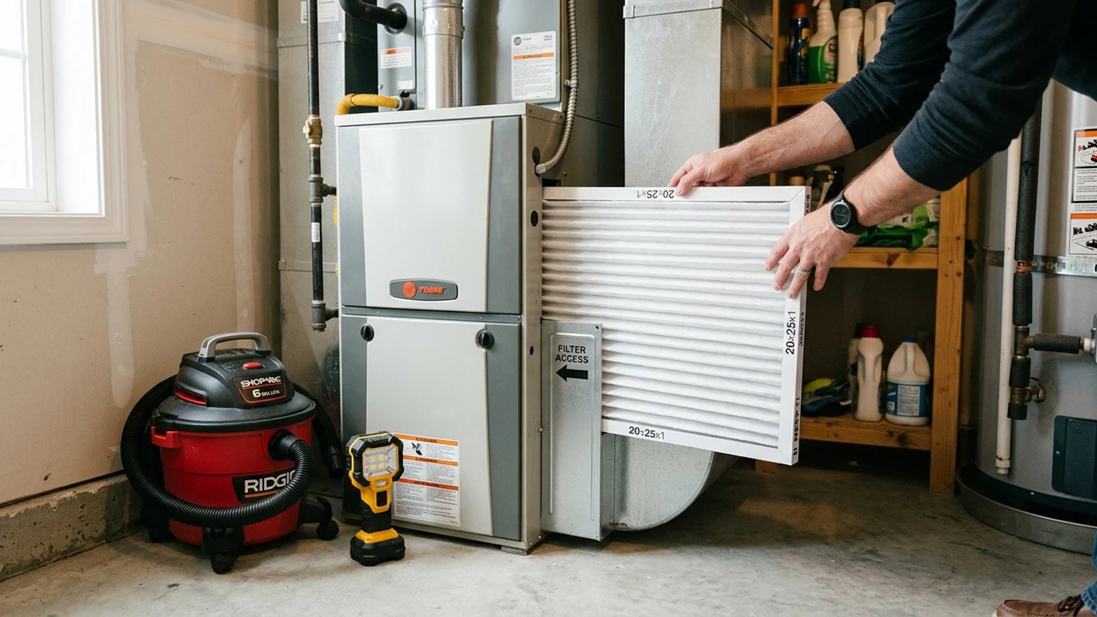 Homeowner replacing a furnace air filter in a clean utility room