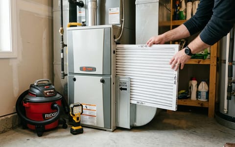 Homeowner replacing a furnace air filter in a clean utility room