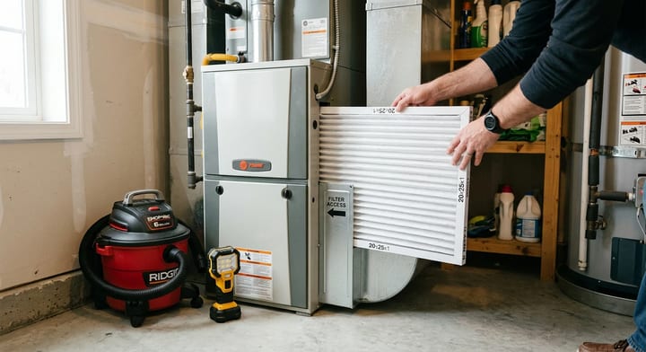 Homeowner replacing a furnace air filter in a clean utility room