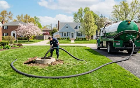 A professional septic truck parked on a driveway pumping a residential septic tank on a sunny spring day.