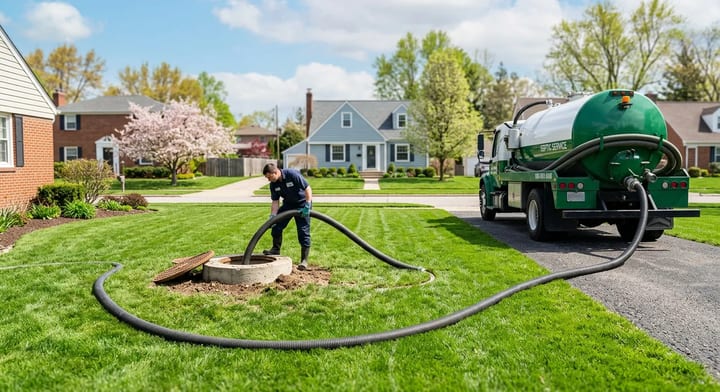 A professional septic truck parked on a driveway pumping a residential septic tank on a sunny spring day.