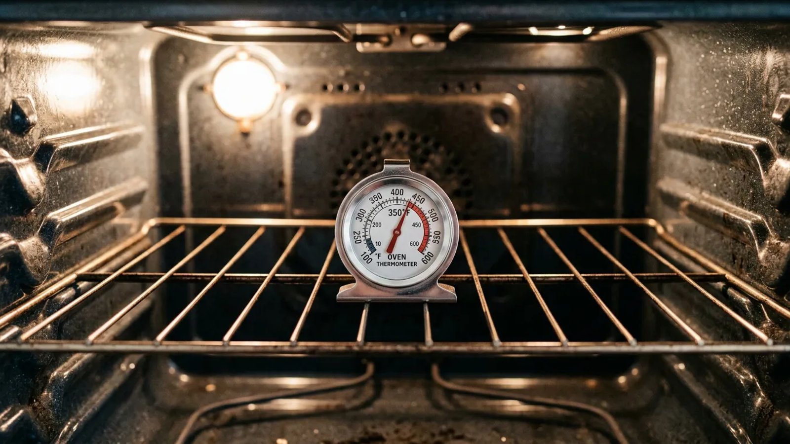 A stainless steel oven thermometer sitting on a wire rack inside a brightly lit oven.