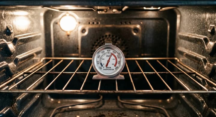 A stainless steel oven thermometer sitting on a wire rack inside a brightly lit oven.