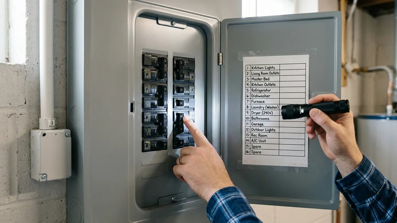 A neatly labeled electrical panel with a clear printed directory on the inside door.