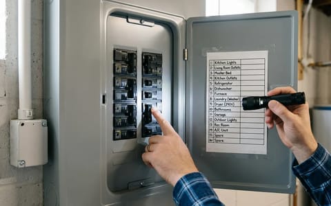 A neatly labeled electrical panel with a clear printed directory on the inside door.