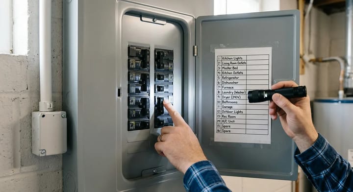 A neatly labeled electrical panel with a clear printed directory on the inside door.