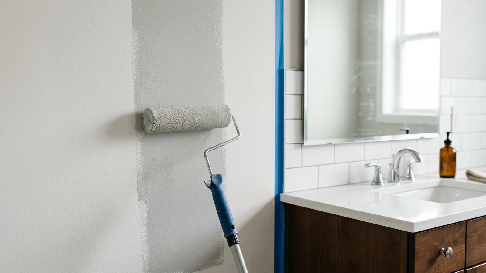 Applying fresh satin paint to a bathroom wall