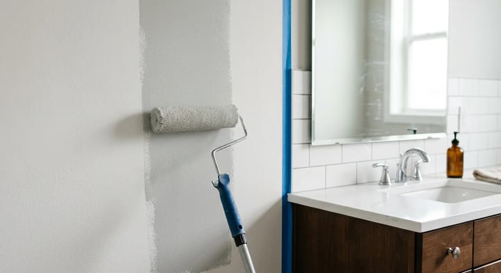 Applying fresh satin paint to a bathroom wall