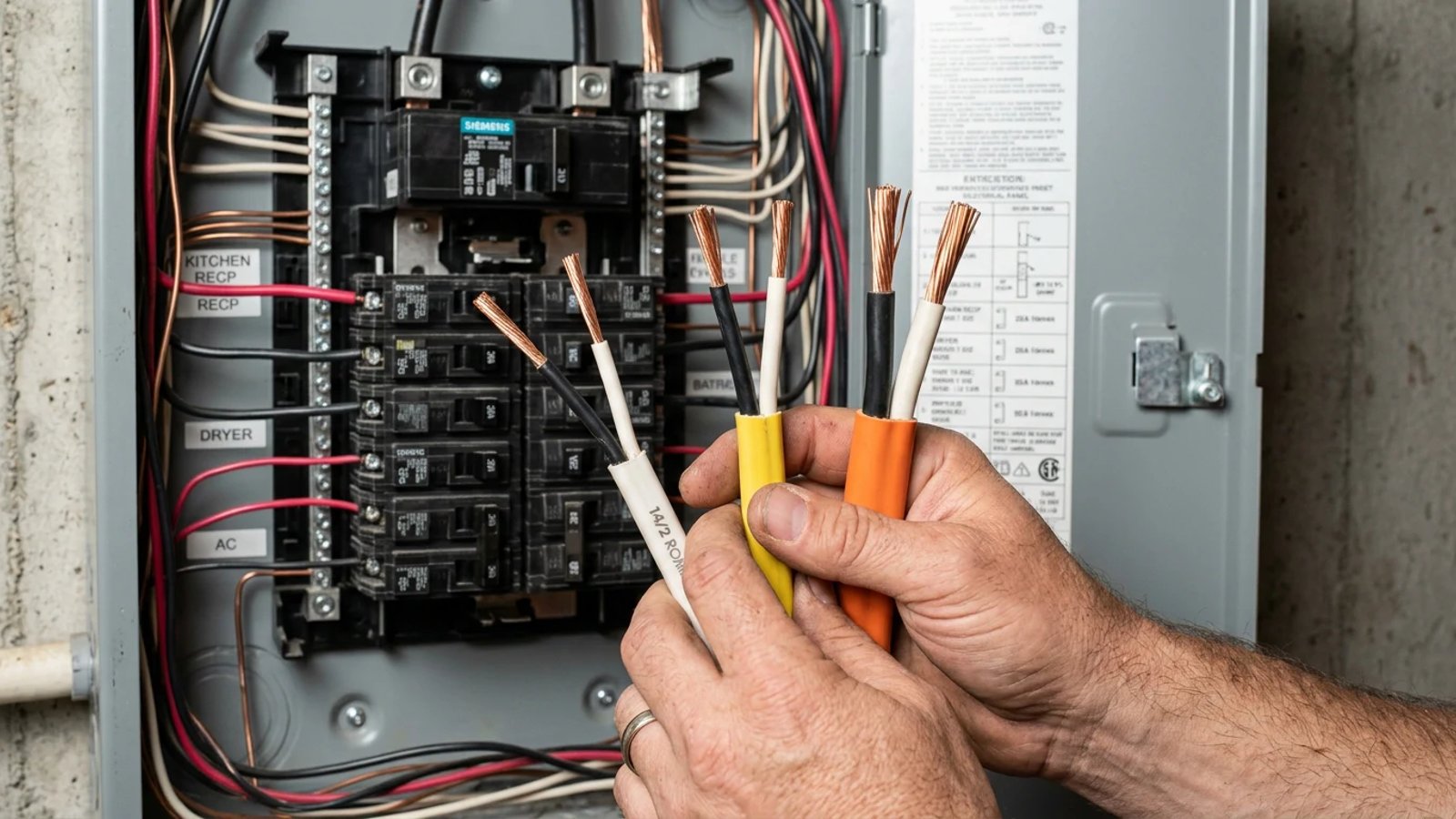 Three different gauges of residential electrical wire held in front of a breaker panel