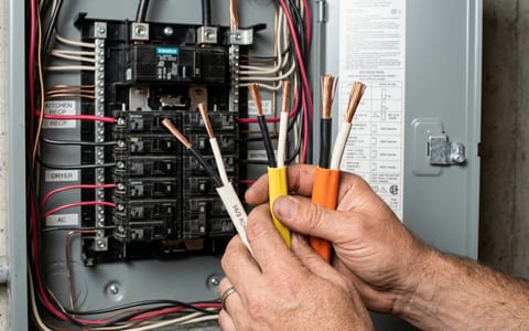 Three different gauges of residential electrical wire held in front of a breaker panel