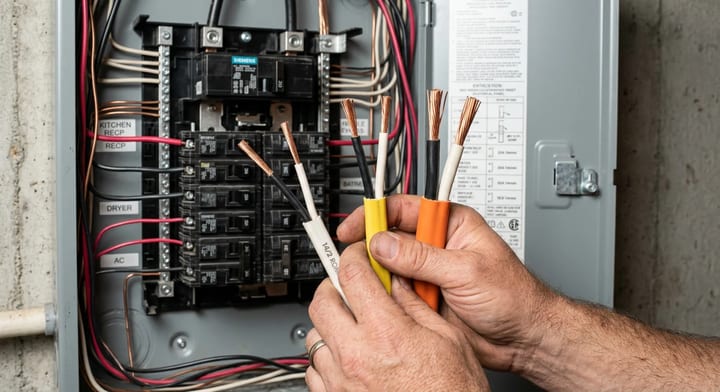 Three different gauges of residential electrical wire held in front of a breaker panel