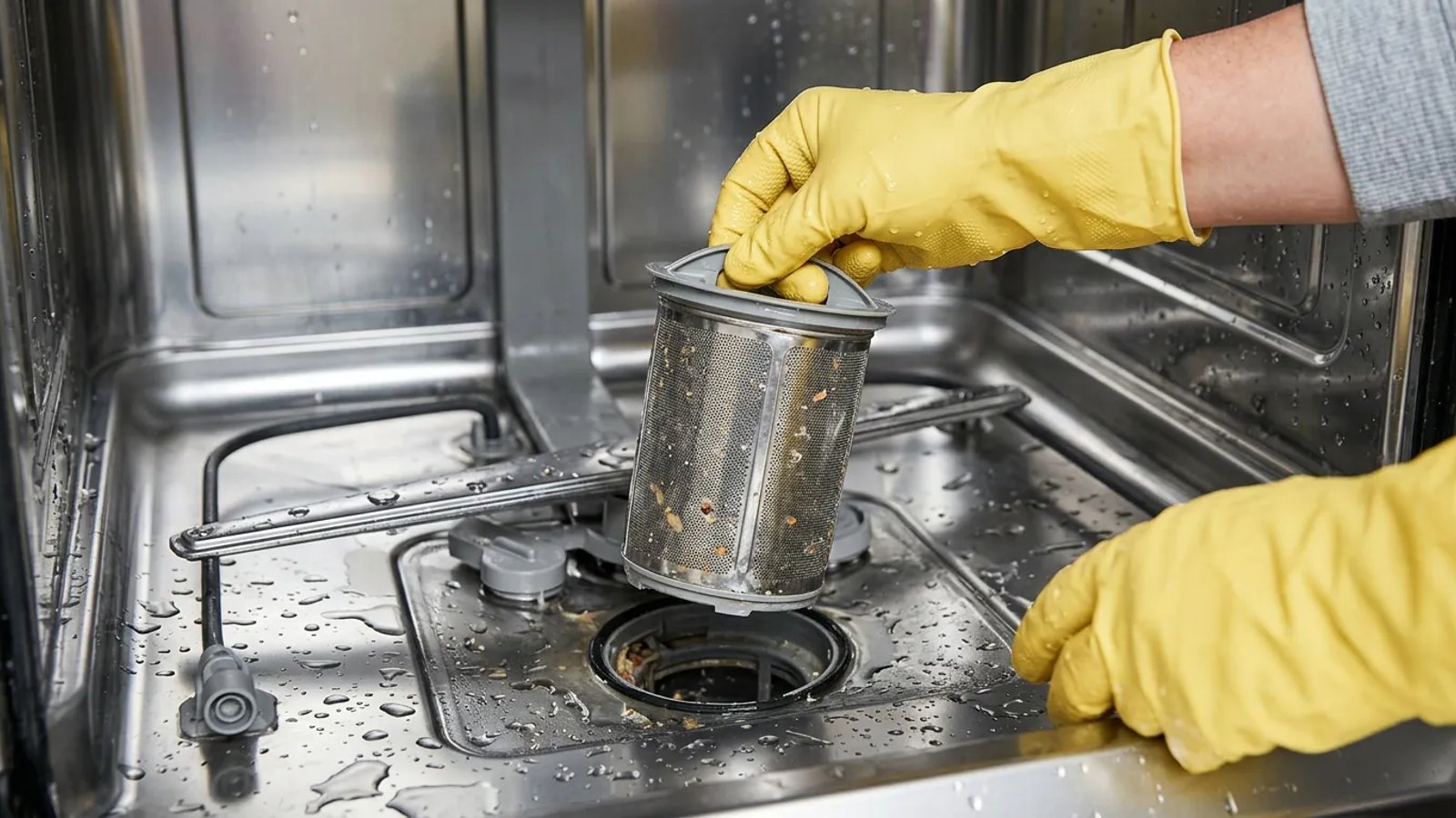Person wearing yellow gloves removing the primary filter from the bottom of a dishwasher.