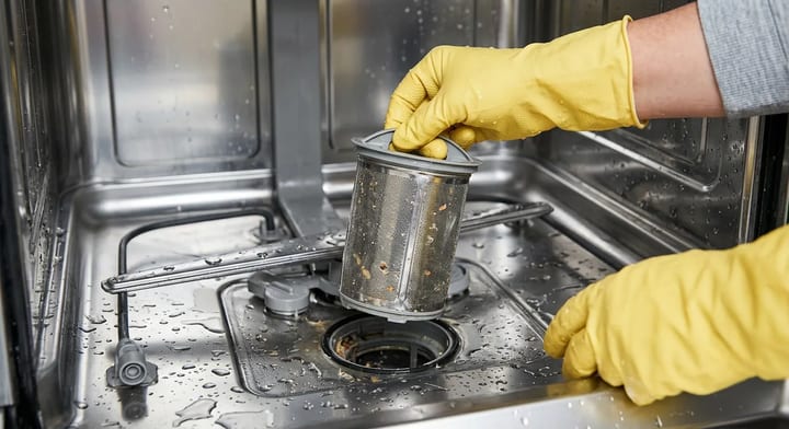 Person wearing yellow gloves removing the primary filter from the bottom of a dishwasher.