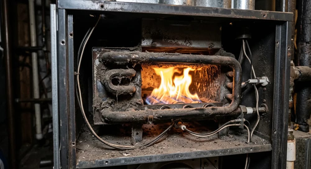 Burning dust is a normal smell during the first furnace run of the season.