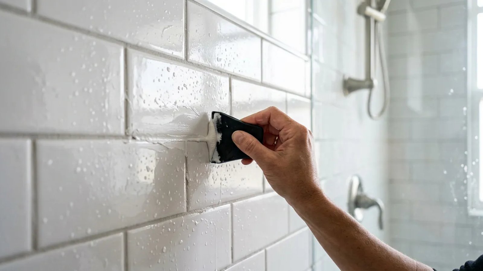 Applying fresh grout to a shower wall using a rubber float