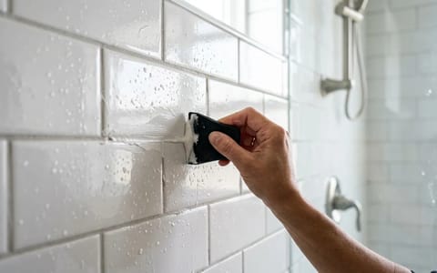 Applying fresh grout to a shower wall using a rubber float
