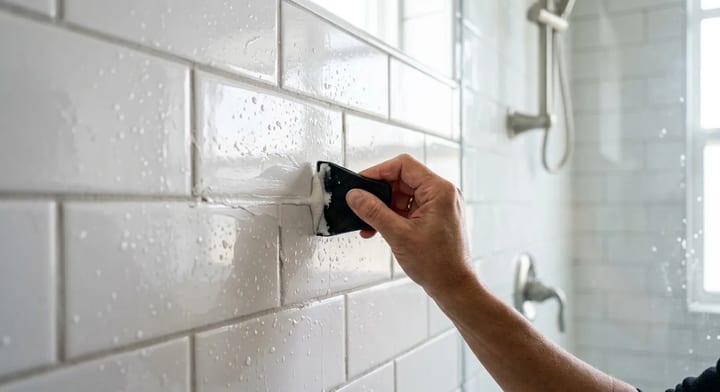 Applying fresh grout to a shower wall using a rubber float