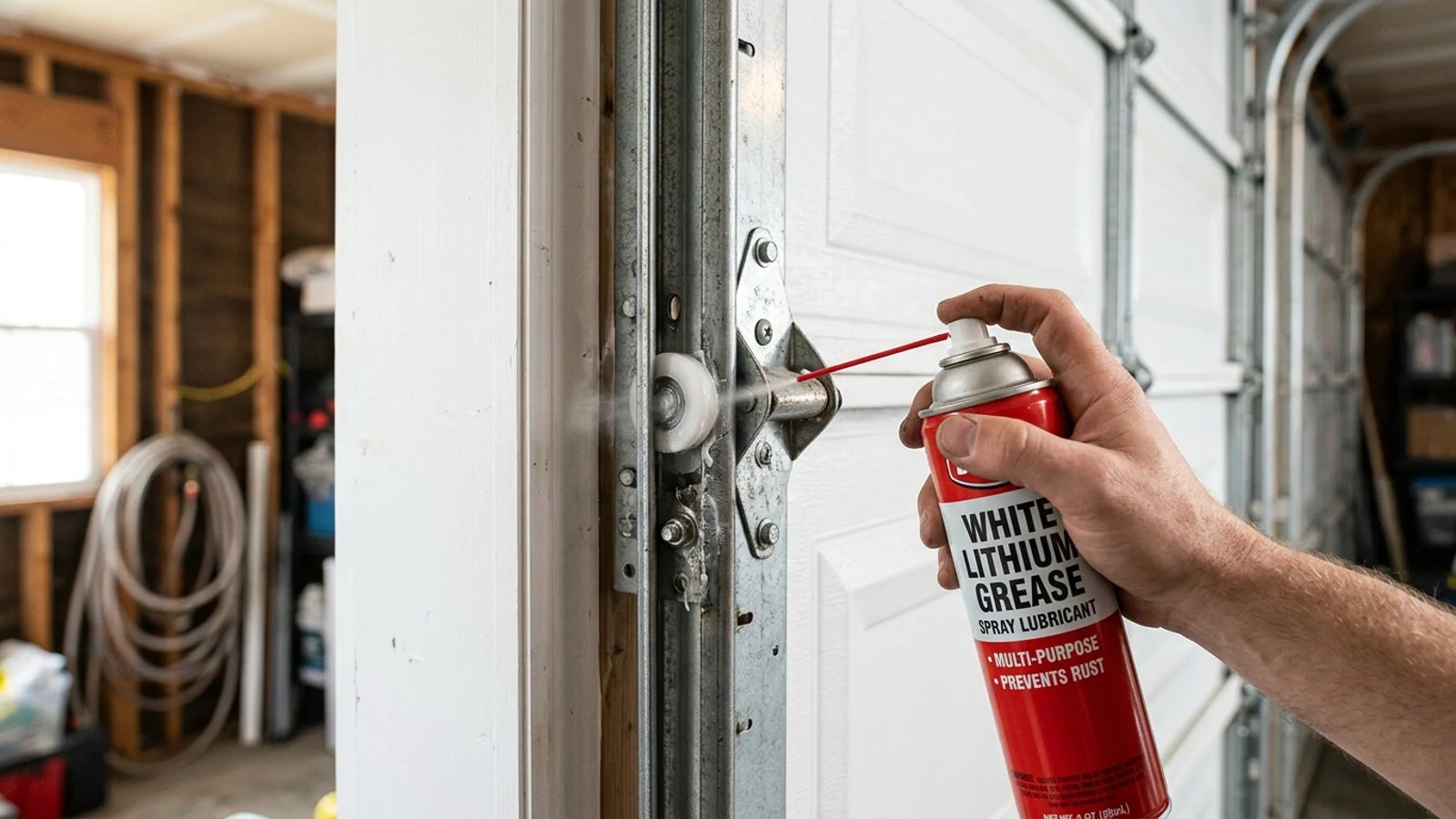 Homeowner applying lubricant to a garage door roller and hinge.