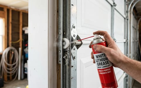 Homeowner applying lubricant to a garage door roller and hinge.
