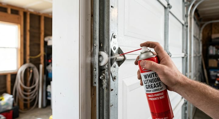 Homeowner applying lubricant to a garage door roller and hinge.