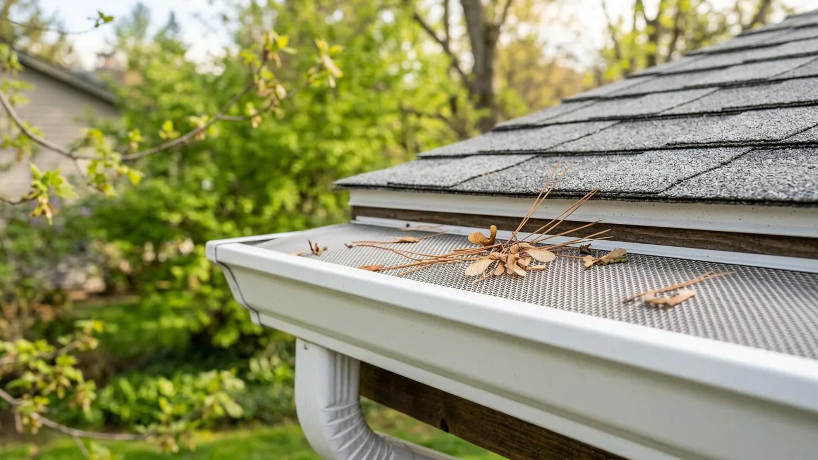 Gutter guard with pine needles and spring debris resting on top of the mesh.
