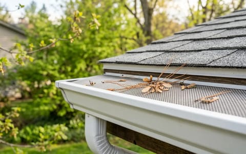 Gutter guard with pine needles and spring debris resting on top of the mesh.